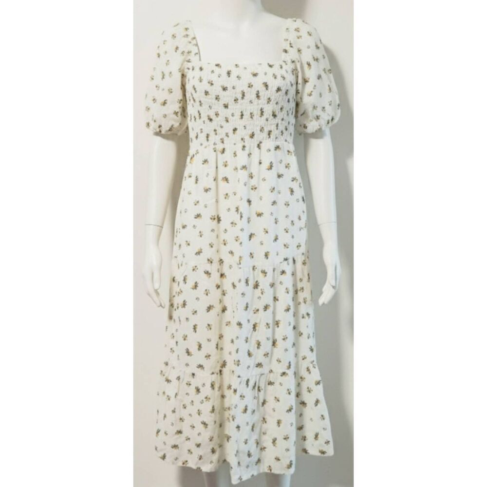 Faithful the brand womens small square neck dress 100% linen ivory yellow boho